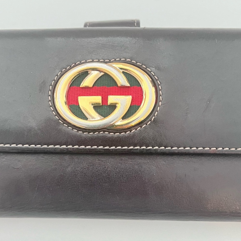 Authentic Gucci Interlocking Gg Brown Leather Lon… - image 2